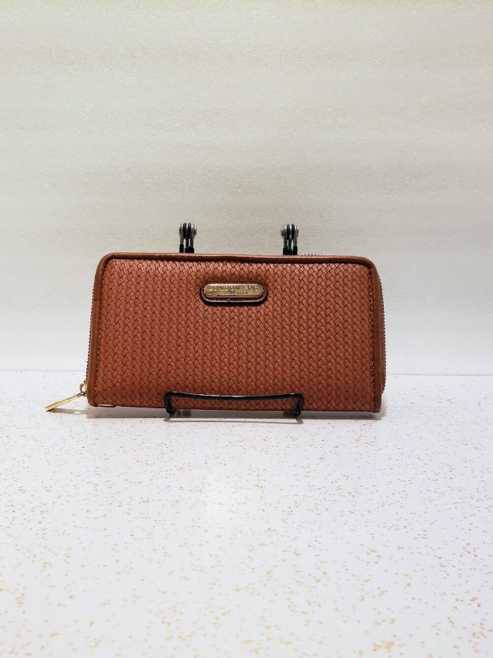 London Fog Adalia Woven Zip Around Wallet Brown Cognac Faux Leather